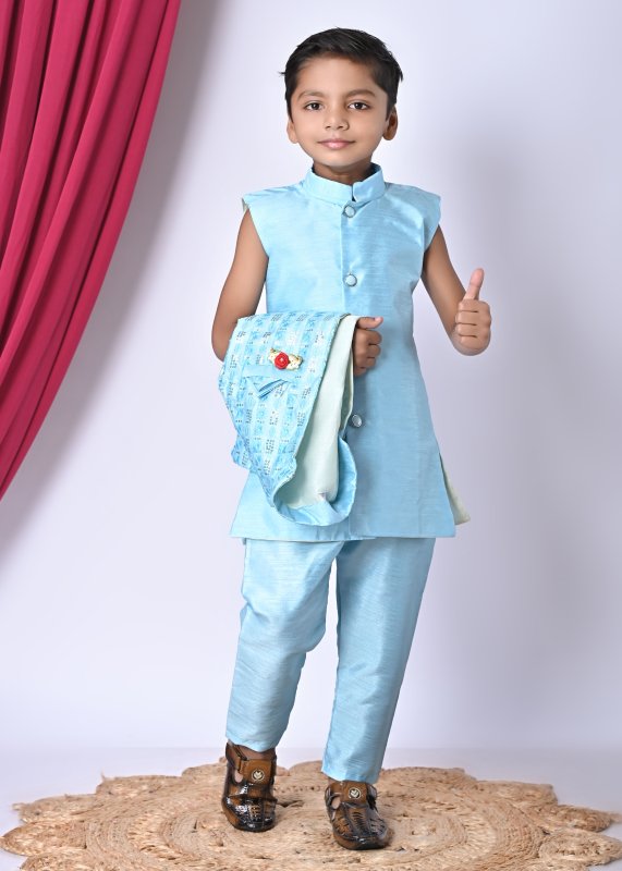Boys Festive Ethnic Set u2013 Light Blue Kurta Pajama with Printed Nehru Jacket - SKY-BLUE - Additional Image 1