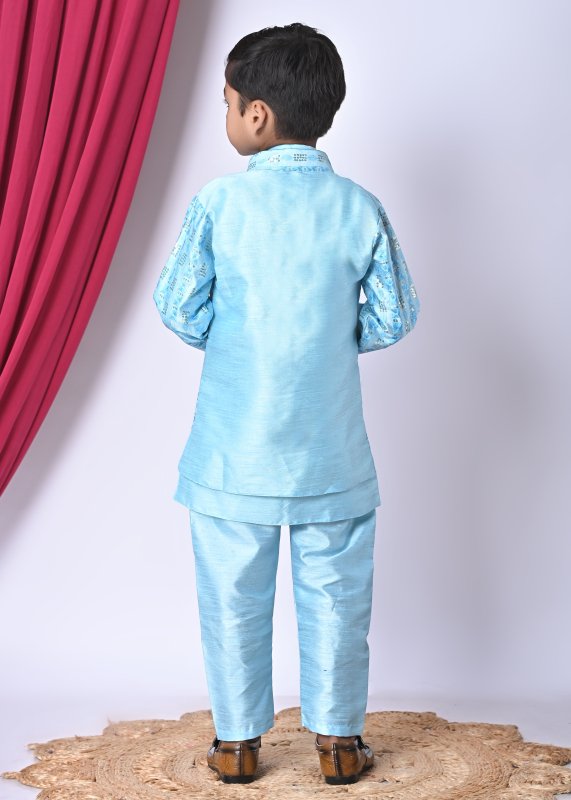 Boys Festive Ethnic Set u2013 Light Blue Kurta Pajama with Printed Nehru Jacket - SKY-BLUE - Additional Image 2