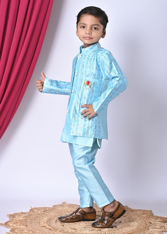 Boys Festive Ethnic Set u2013 Light Blue Kurta Pajama with Printed Nehru Jacket - SKY-BLUE - Additional Image 3