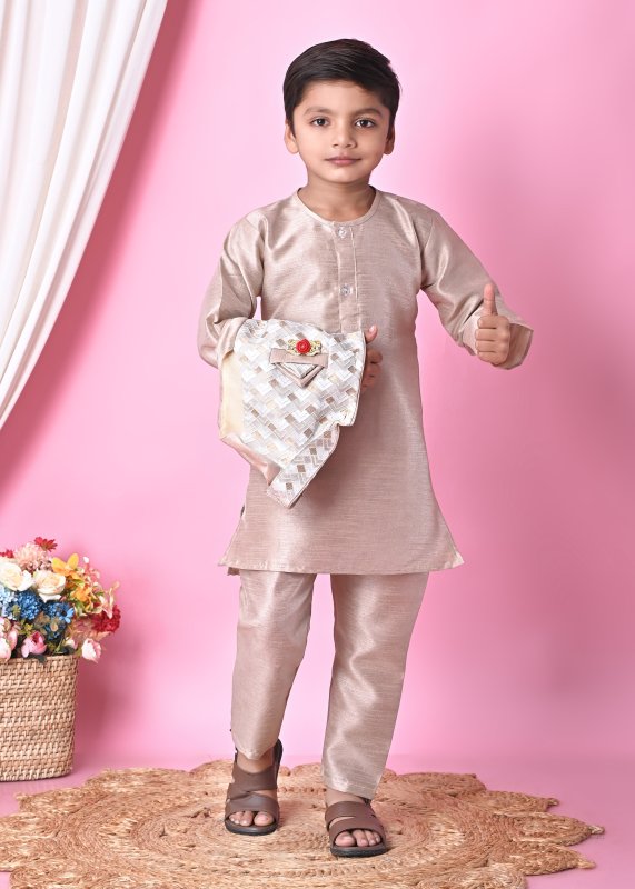 Boys Festive Ethnic Set u2013 Peach Kurta Pajama with Printed Nehru Jacket - ROSE-GOLD - Additional Image 1