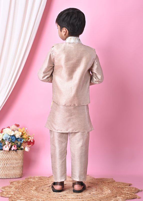 Boys Festive Ethnic Set u2013 Peach Kurta Pajama with Printed Nehru Jacket - ROSE-GOLD - Additional Image 2