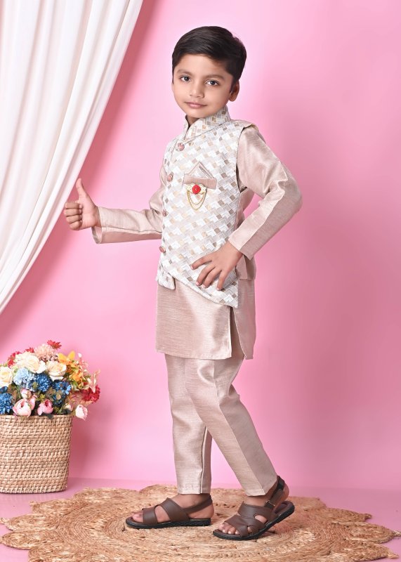 Boys Festive Ethnic Set u2013 Peach Kurta Pajama with Printed Nehru Jacket - ROSE-GOLD - Additional Image 3
