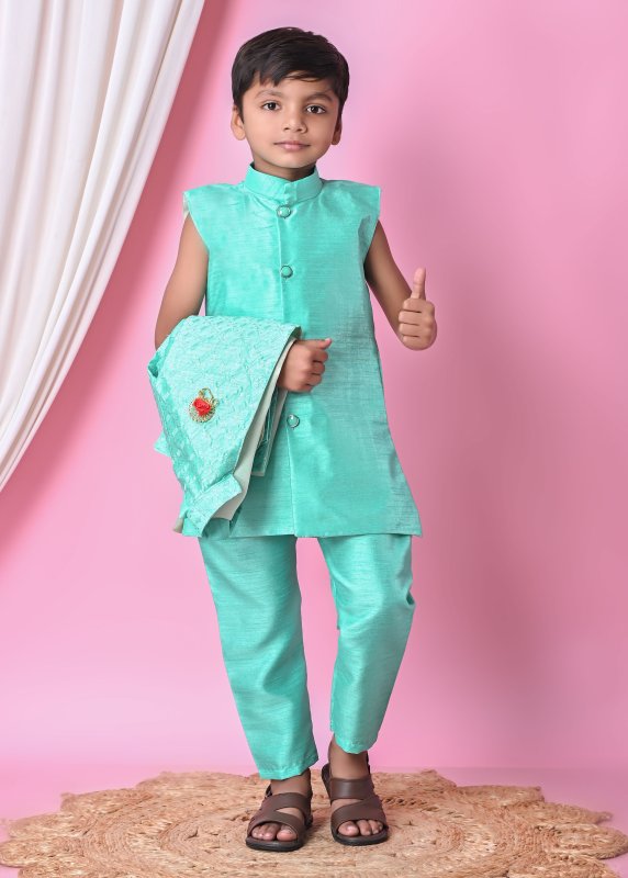 Boys Festive Ethnic Set u2013 Kurta Pajama with Embroidered Nehru Jacket - SKY-GREEN - Additional Image 1