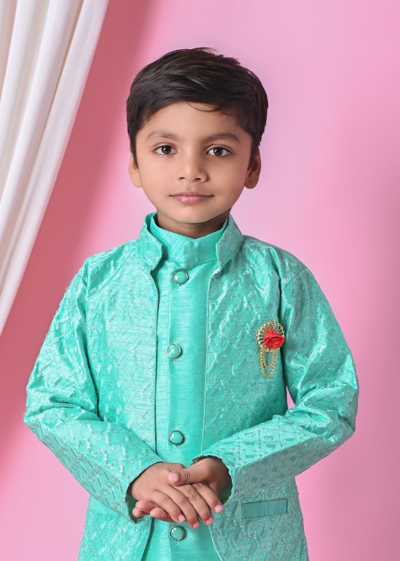 Boys Festive Ethnic Set u2013 Kurta Pajama with Embroidered Nehru Jacket - SKY-GREEN - Additional Image 3
