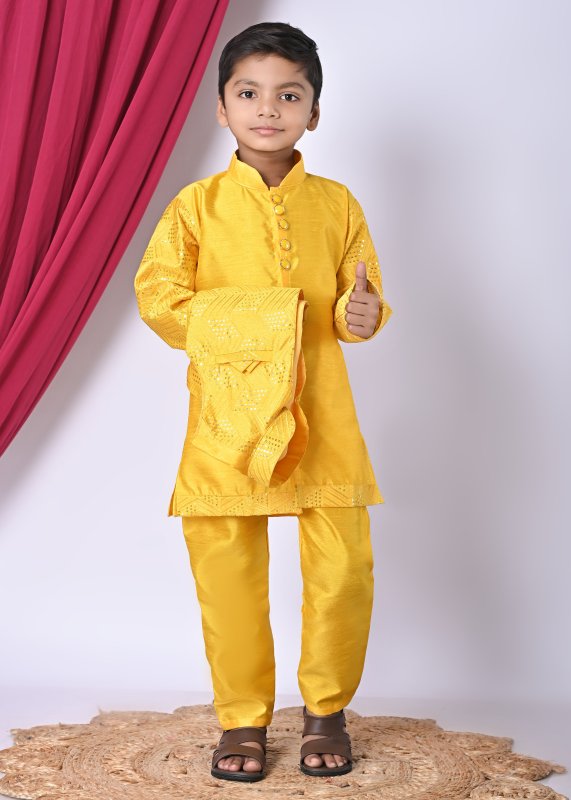 Boys Festive Ethnic Set u2013 Kurta Pajama with Printed Nehru Jacket - YELLOW - Additional Image 1