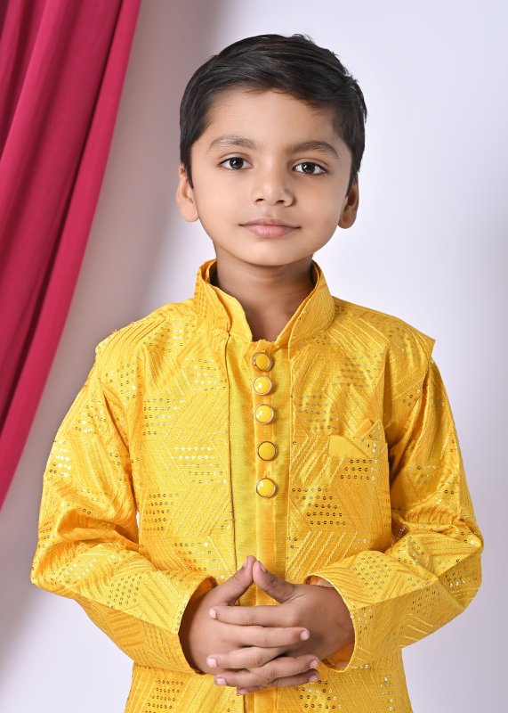 Boys Festive Ethnic Set u2013 Kurta Pajama with Printed Nehru Jacket - YELLOW - Additional Image 4