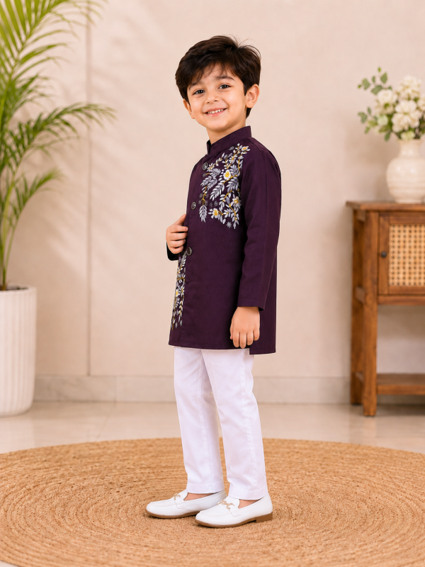 Trendy Kids Floral Embroidered Kurta Pajama Set for Boys - PURPLE - Additional Image 1