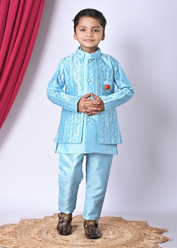Boys Festive Ethnic Set – Light Blue Kurta Pajama with Printed Nehru Jacket