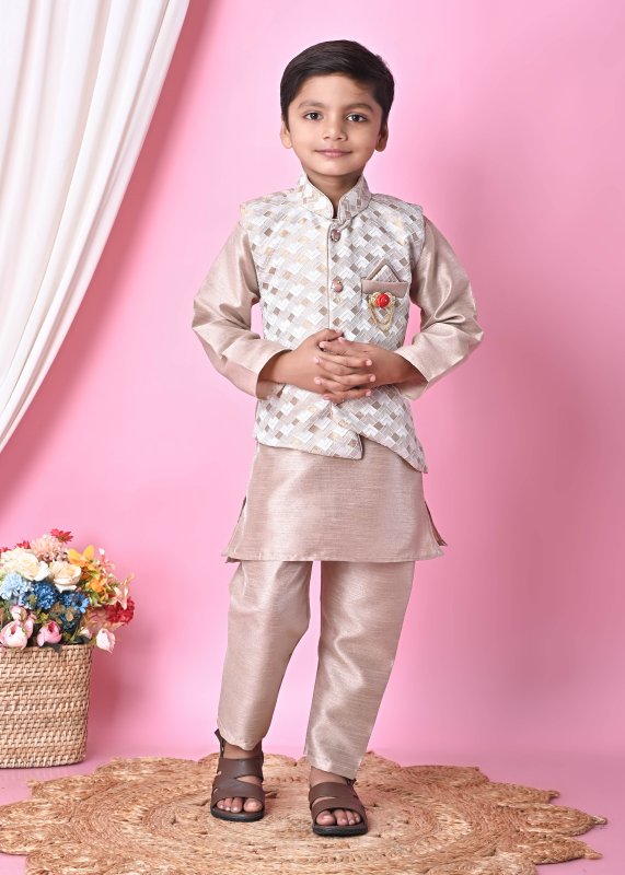Boys Festive Ethnic Set – Peach Kurta Pajama with Printed Nehru Jacket